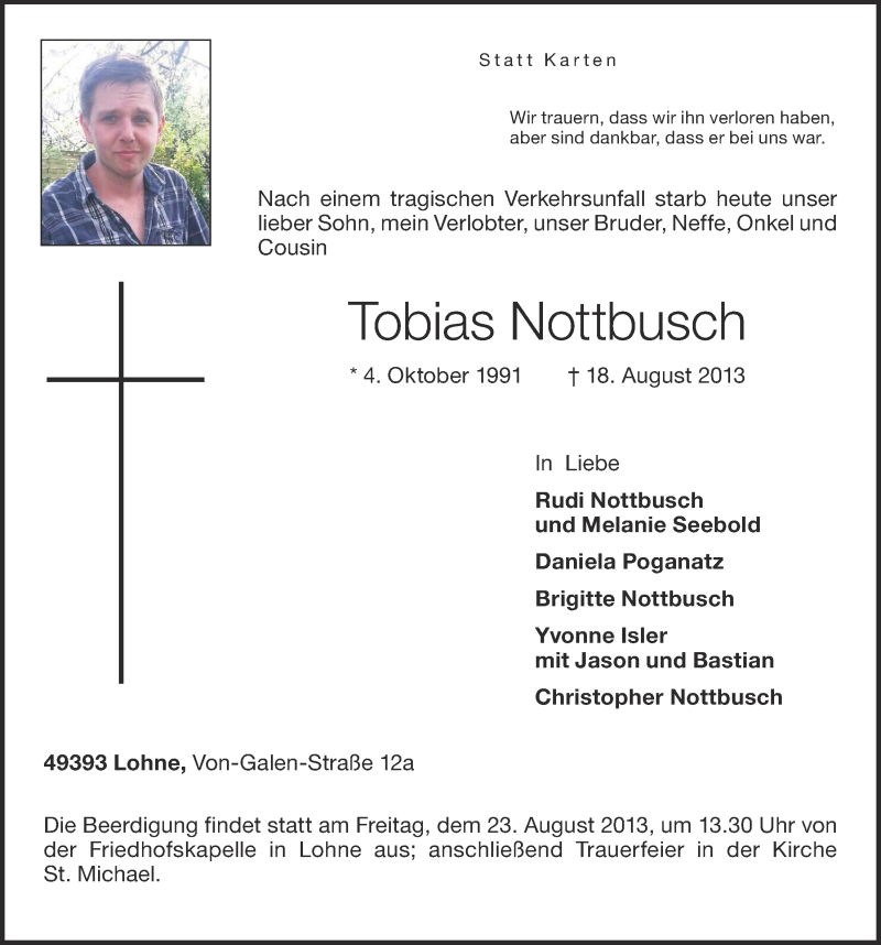  Traueranzeige für Tobias Nottbusch vom 21.08.2013 aus OM-Medien